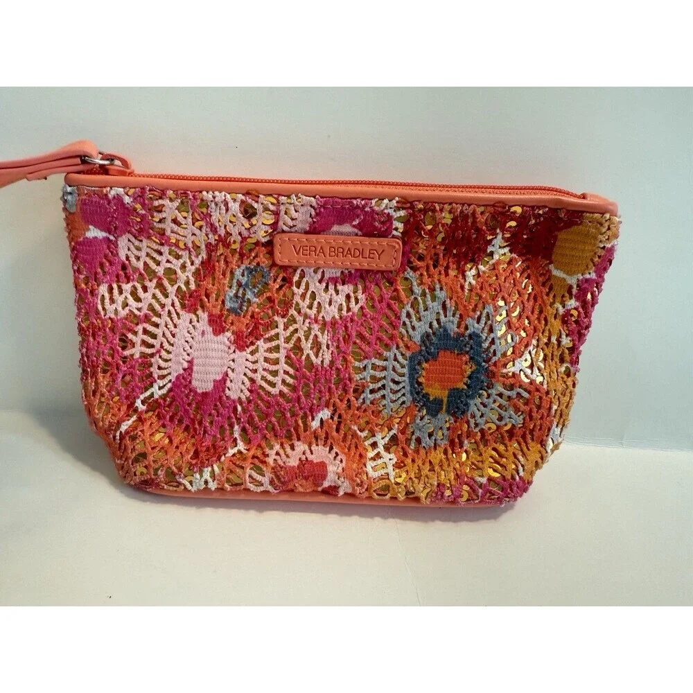 Vera Bradley Iconic Cosmetic Bag Wristlet Sequin Mesh Floral Orange Colorful